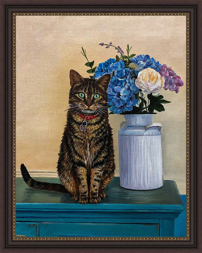Acrylic painting of a cat sitting beside a vase of flowers on a table